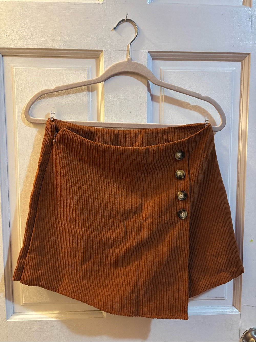Women's Rust Corduroy Wrap Skort with Button Detail